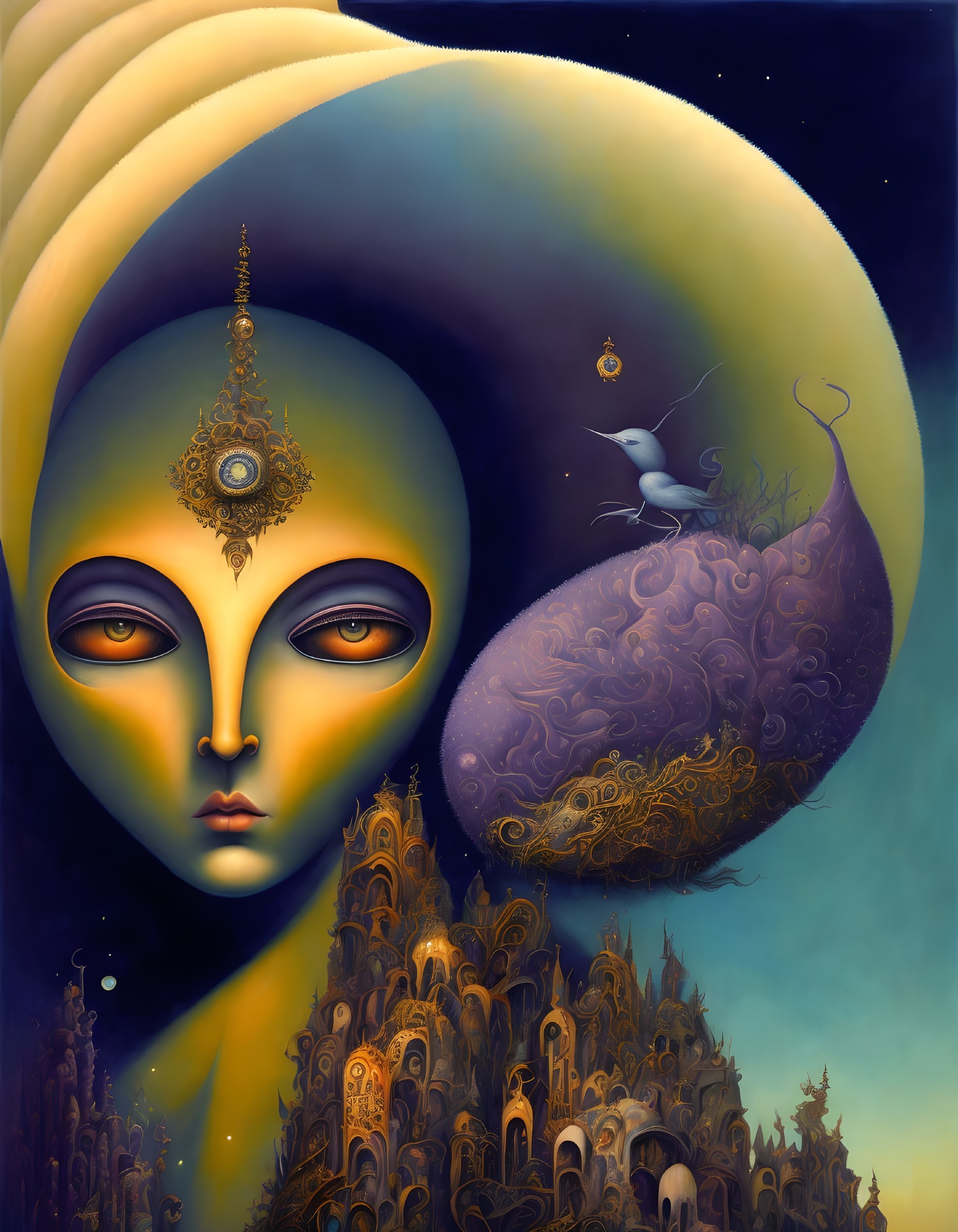 Surrealist artwork with large face, third eye, mouse on eggplant, golden architecture, twilight