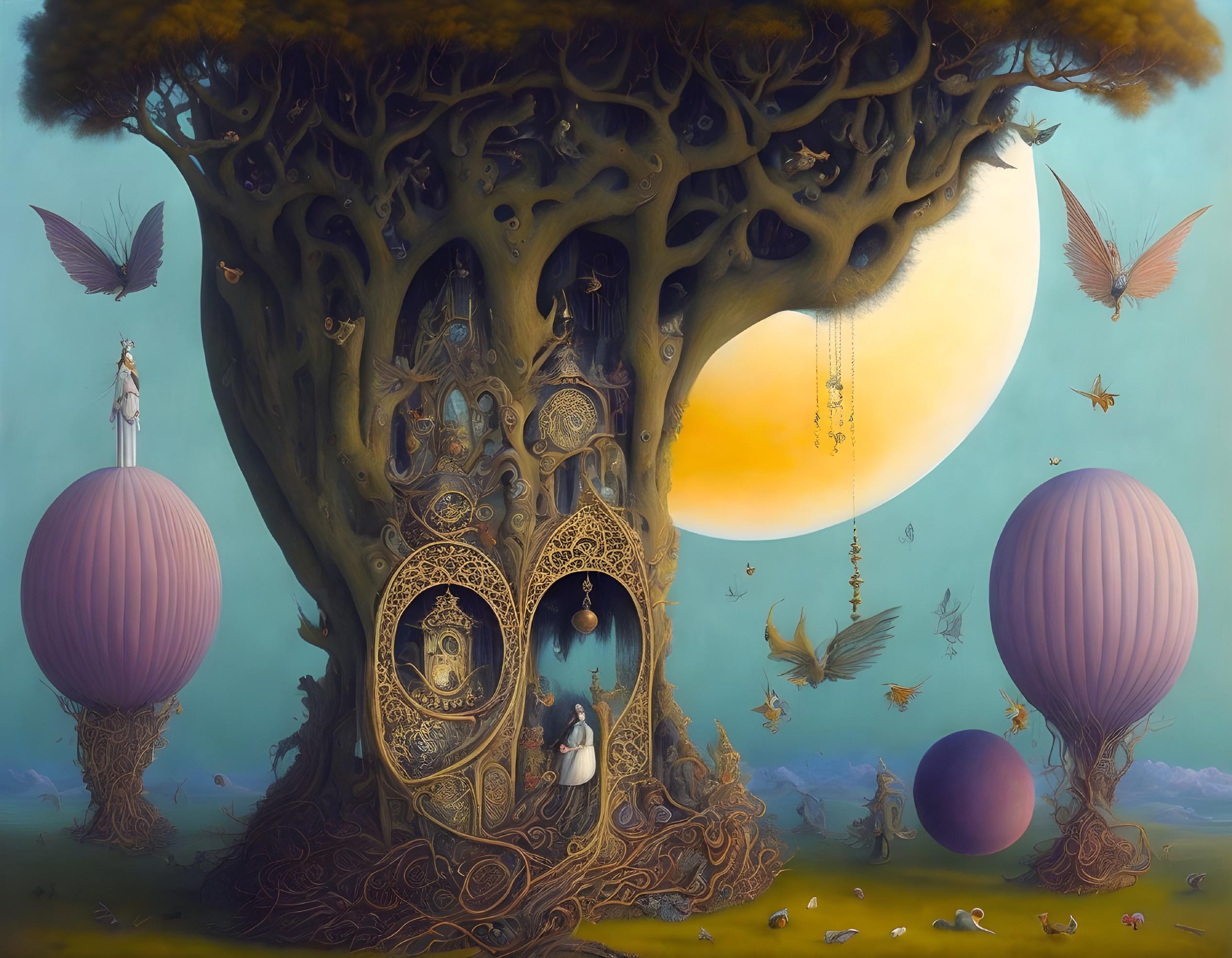 Detailed surreal fantasy landscape with tree house, orbs, butterflies, moon, and whimsical characters