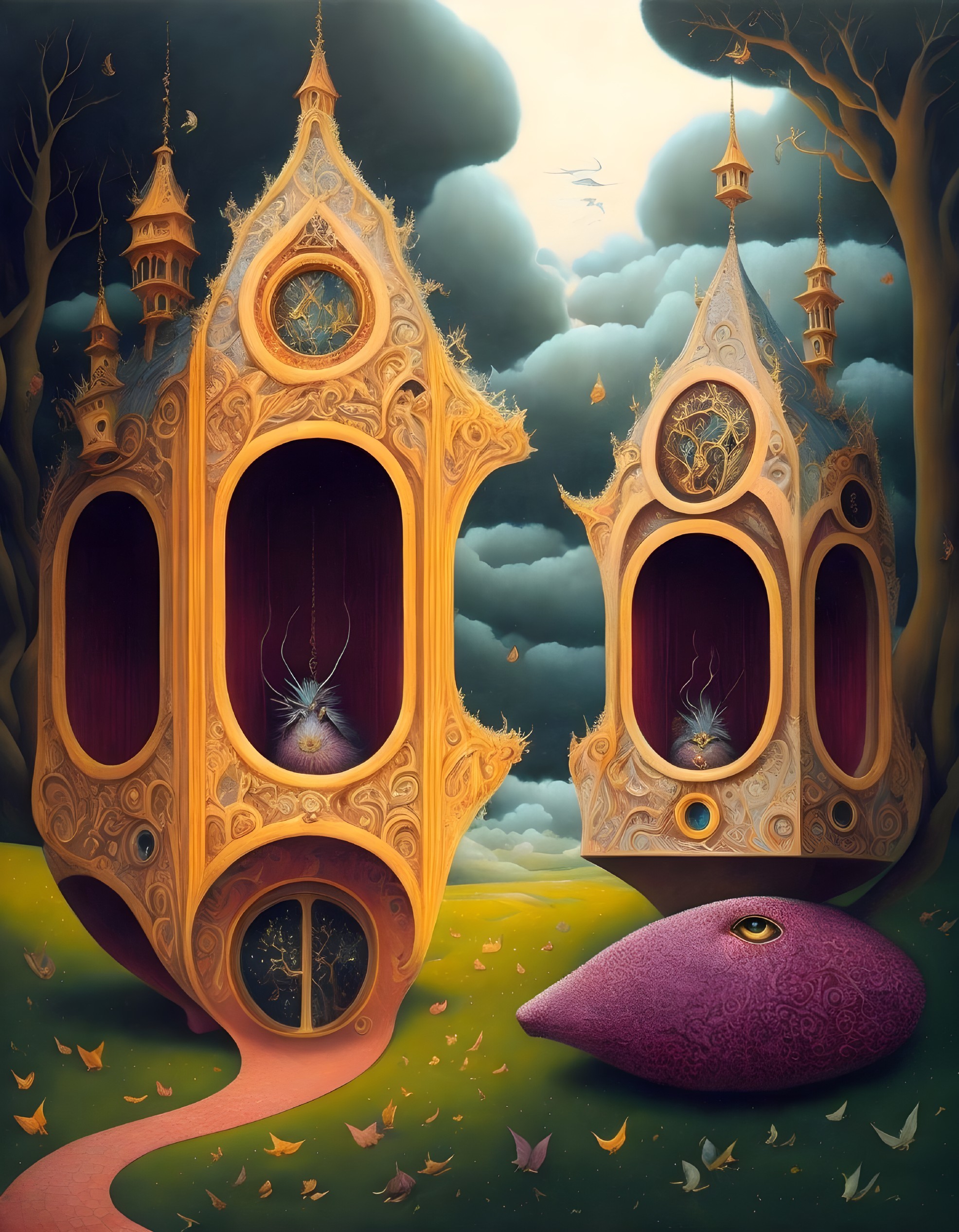 Surreal fantasy treehouses with glowing interiors and eye cushion in stormy sky