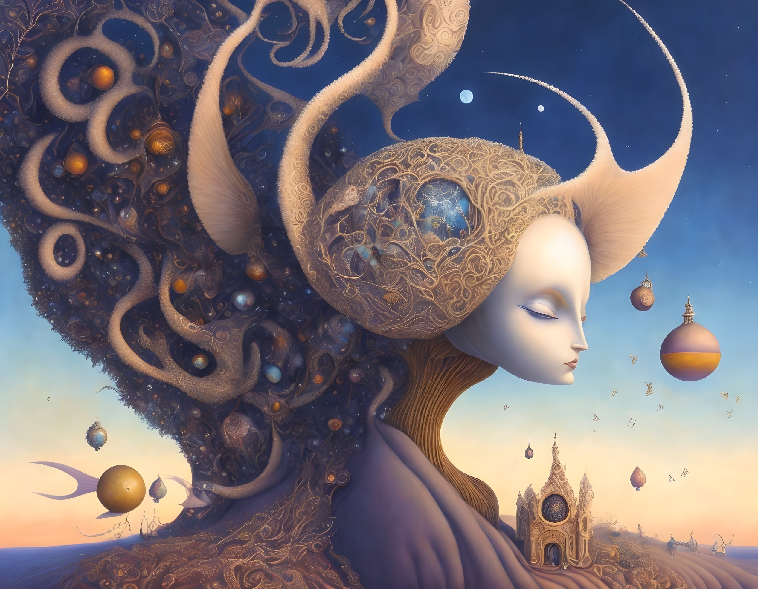 Surreal artwork of female figure with celestial headdress in twilight sky