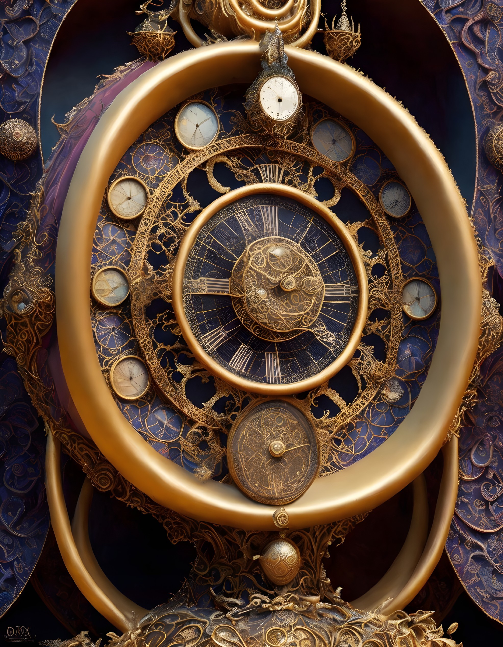 Detailed artwork with golden gears, clock mechanisms, and celestial designs on blue background