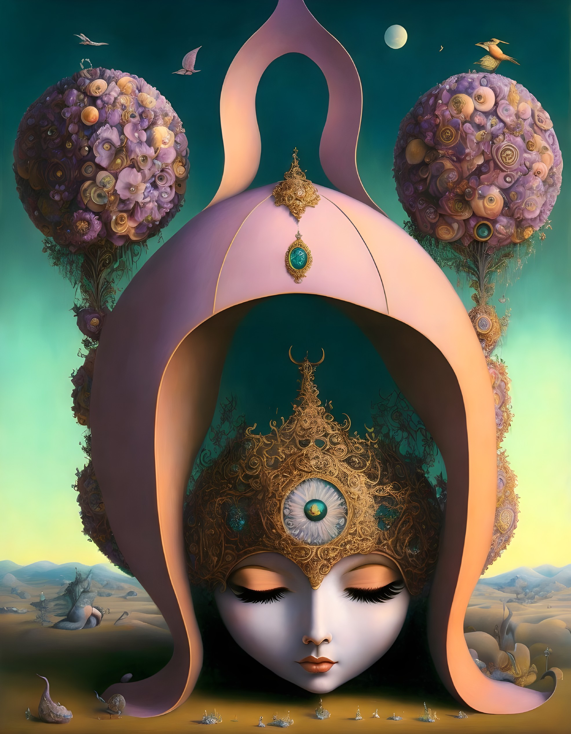 Surreal portrait of masked face with crown in whimsical setting