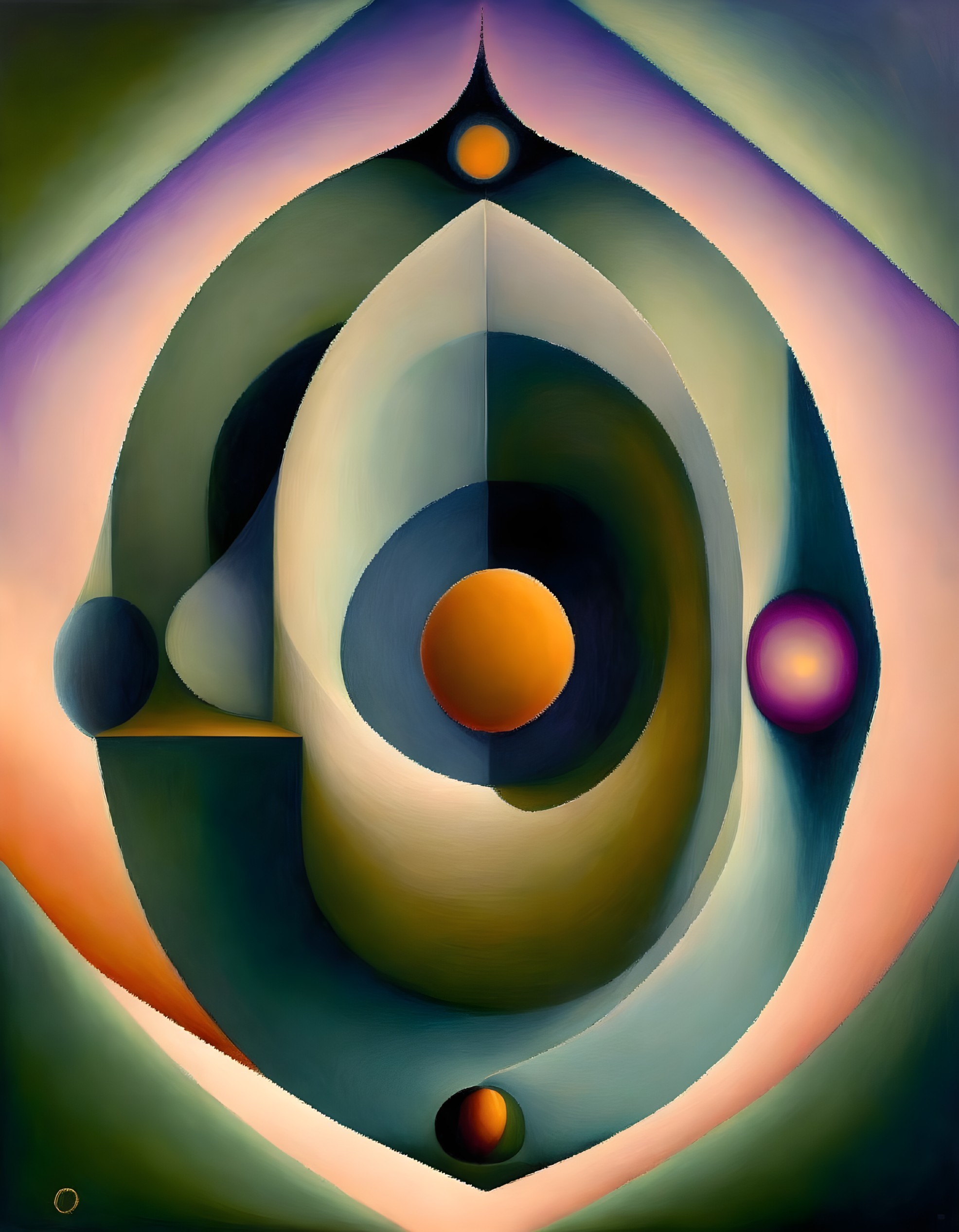 Layered concentric shapes in warm and cool tones with smooth gradients and spherical forms.
