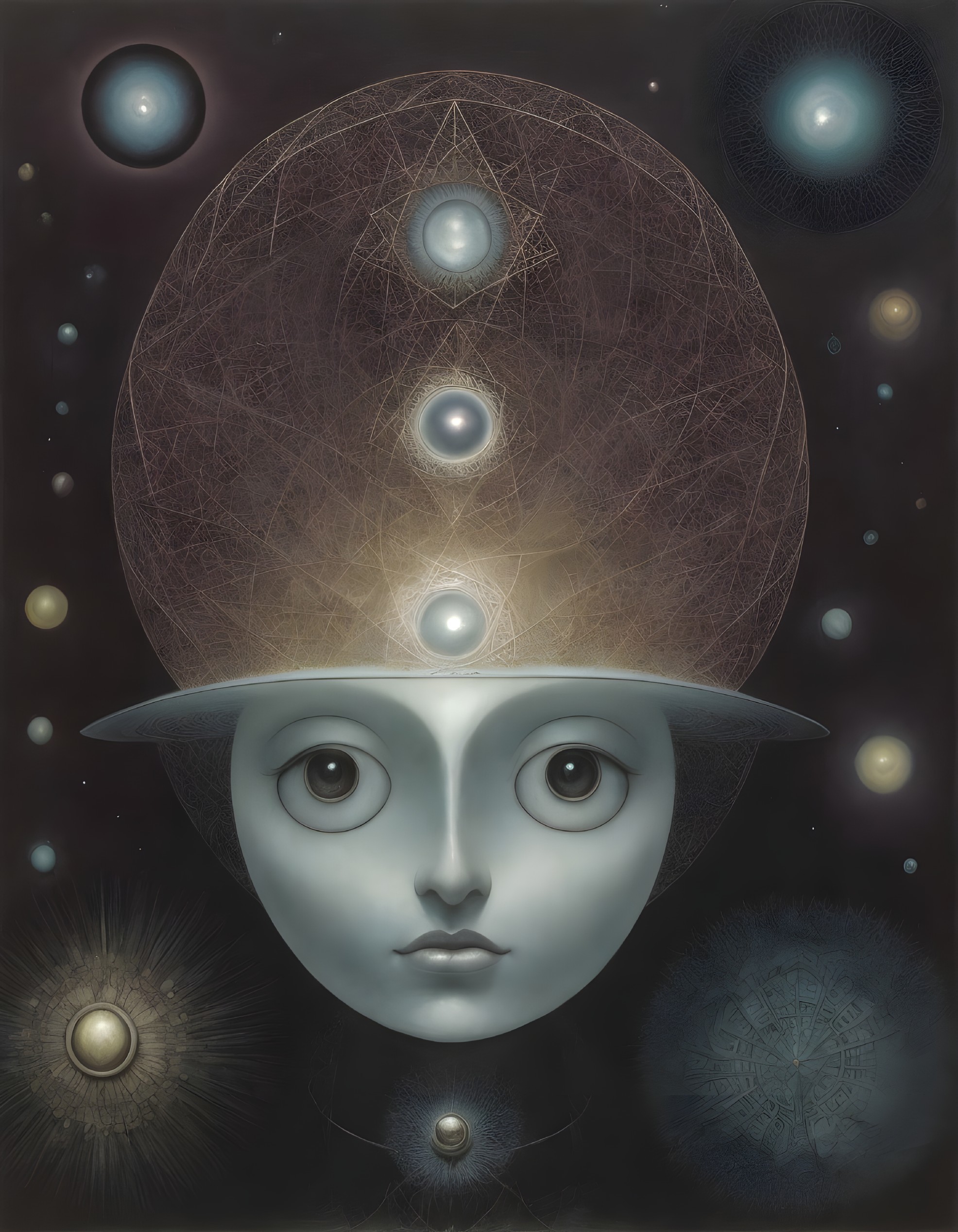 Surreal portrait featuring figure with oversized head and large eyes against cosmic backdrop.