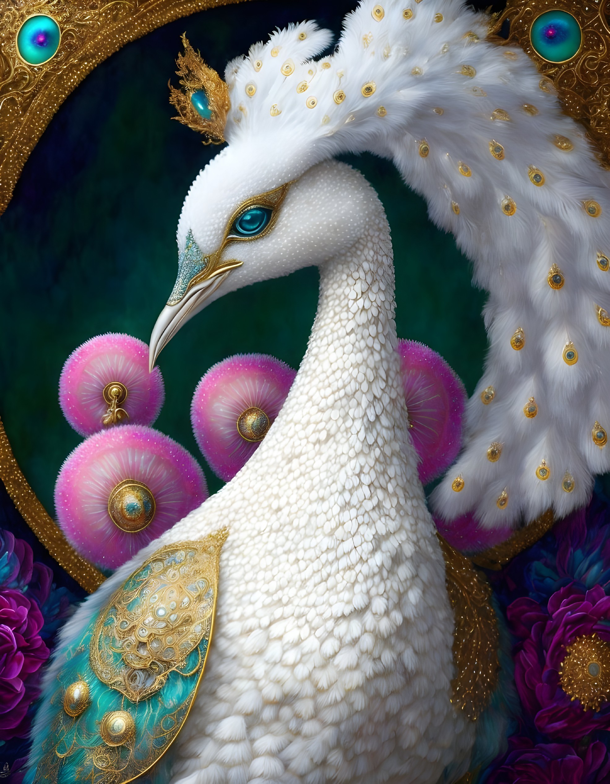 White Peacock with Gold and Jeweled Accents Among Pink Flowers
