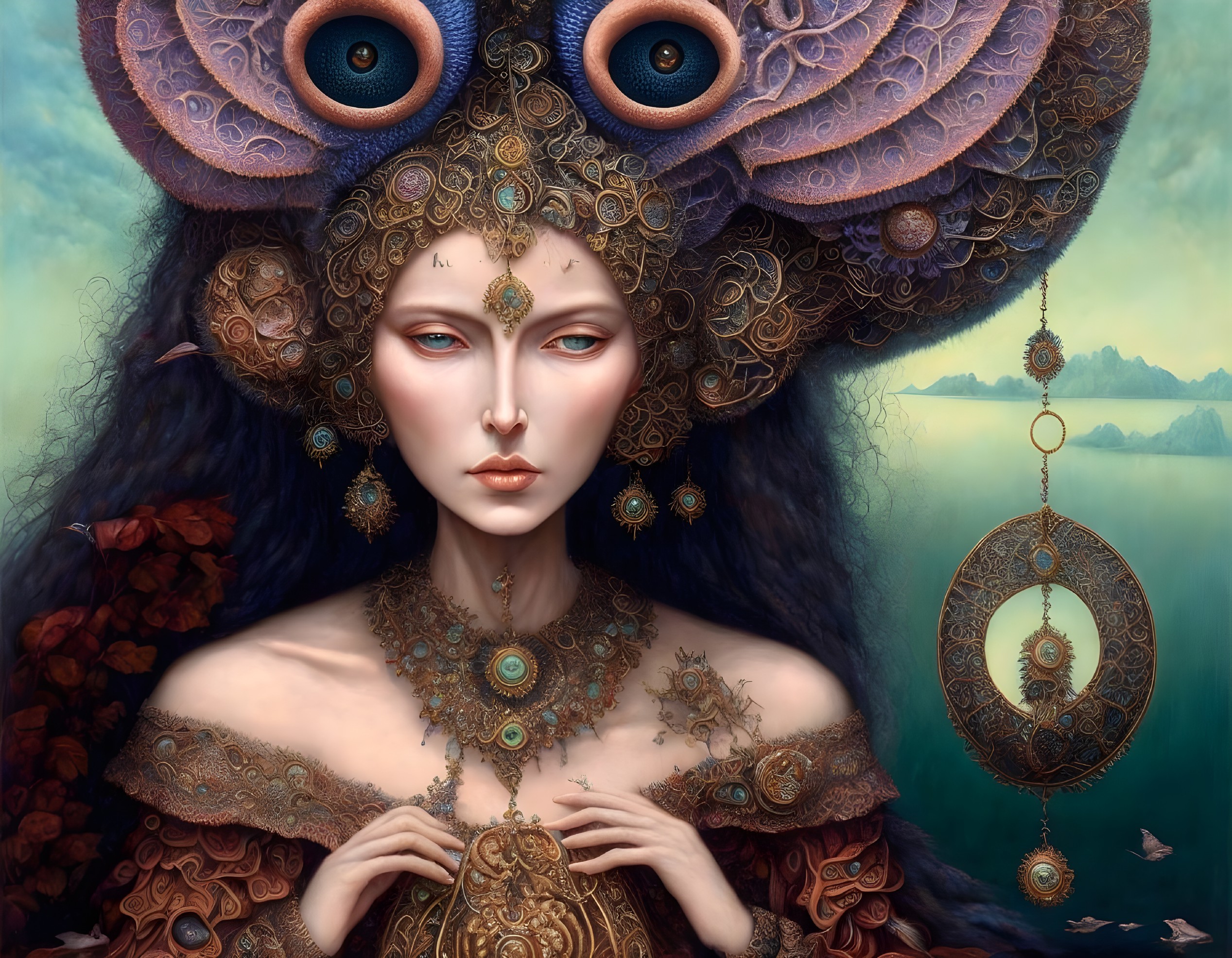 Surreal portrait of a pale-skinned woman with four blue eyes and golden jewelry