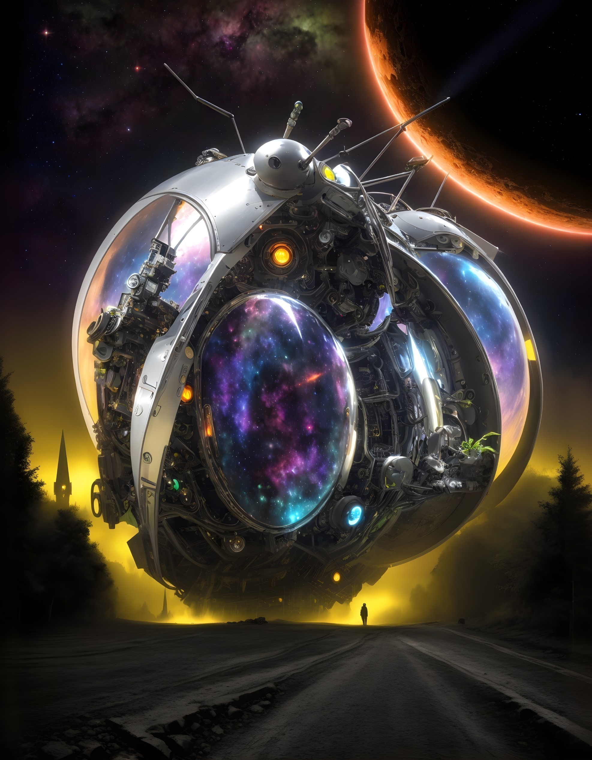 Futuristic spaceship over a desolate landscape with stars