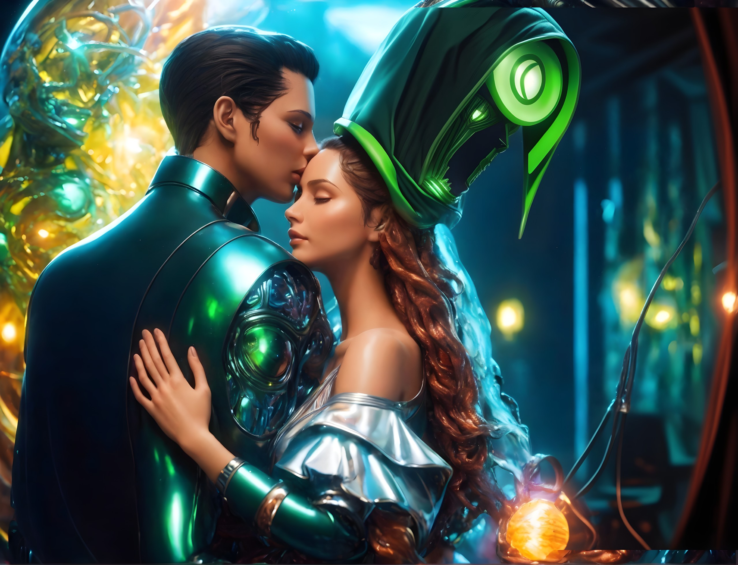 Futuristic couple in mech armor and flowing dress with warm lighting