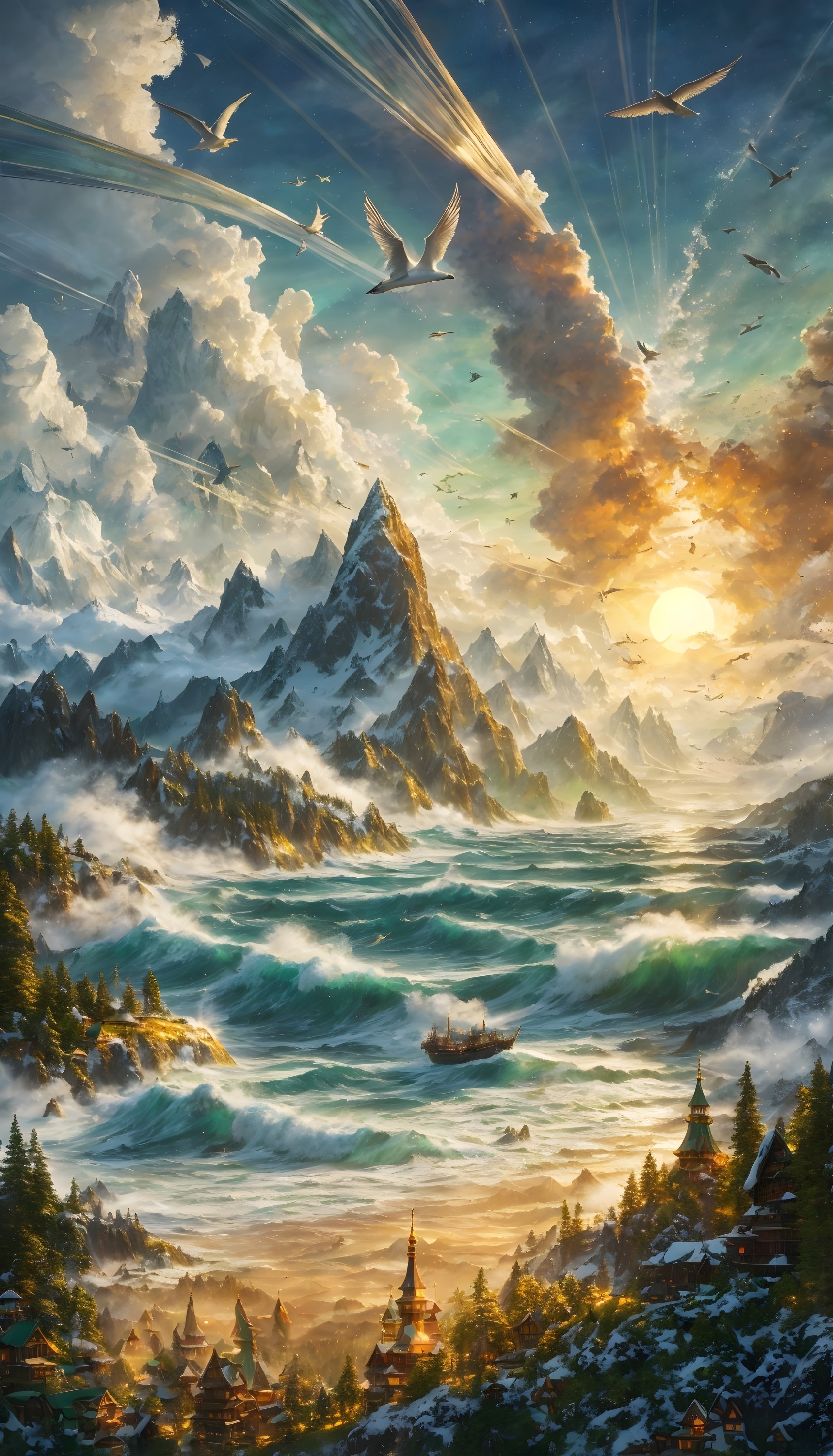 Majestic Mountains and Sunset Over Serene Villages