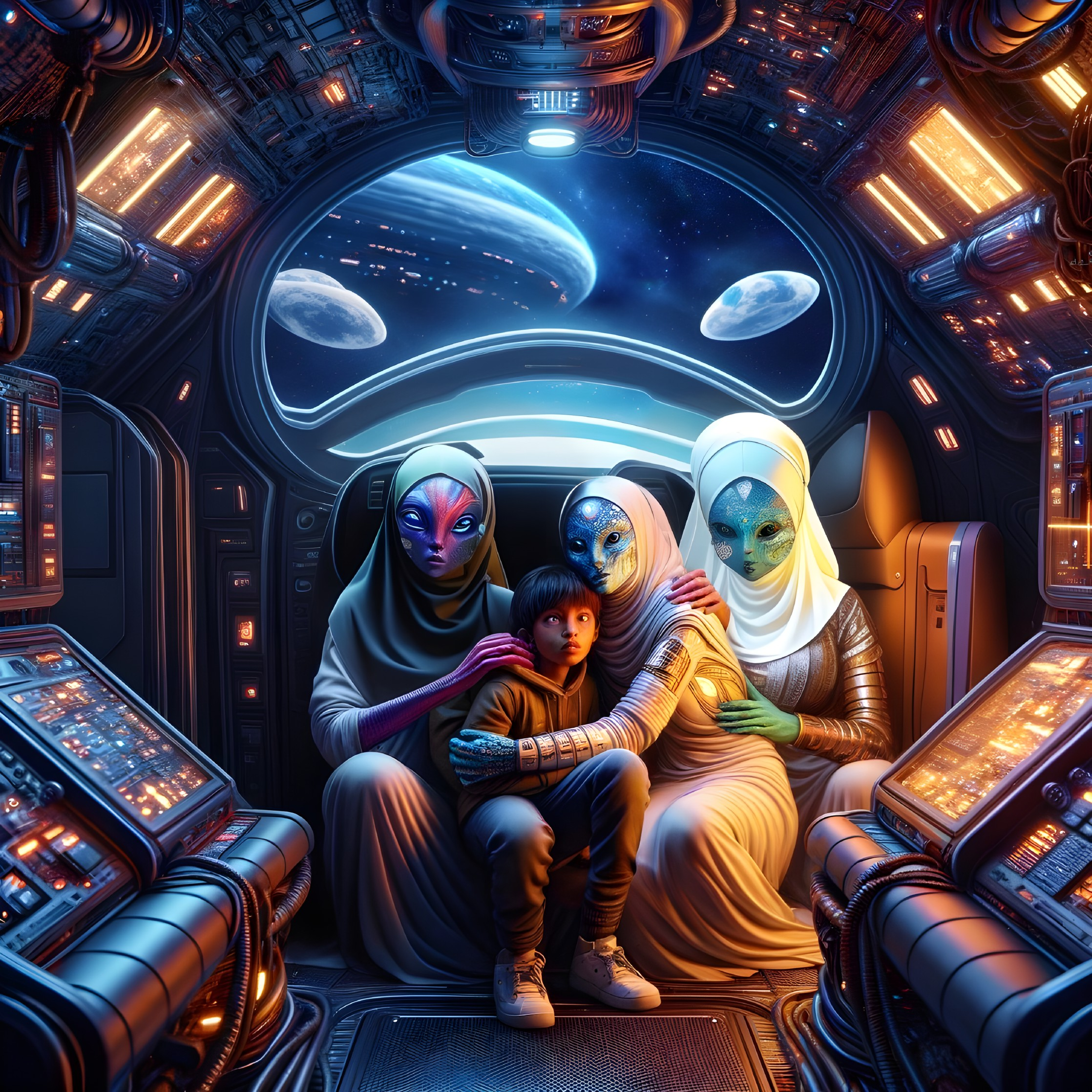 Futuristic Spacecraft with Boy and Alien Companions