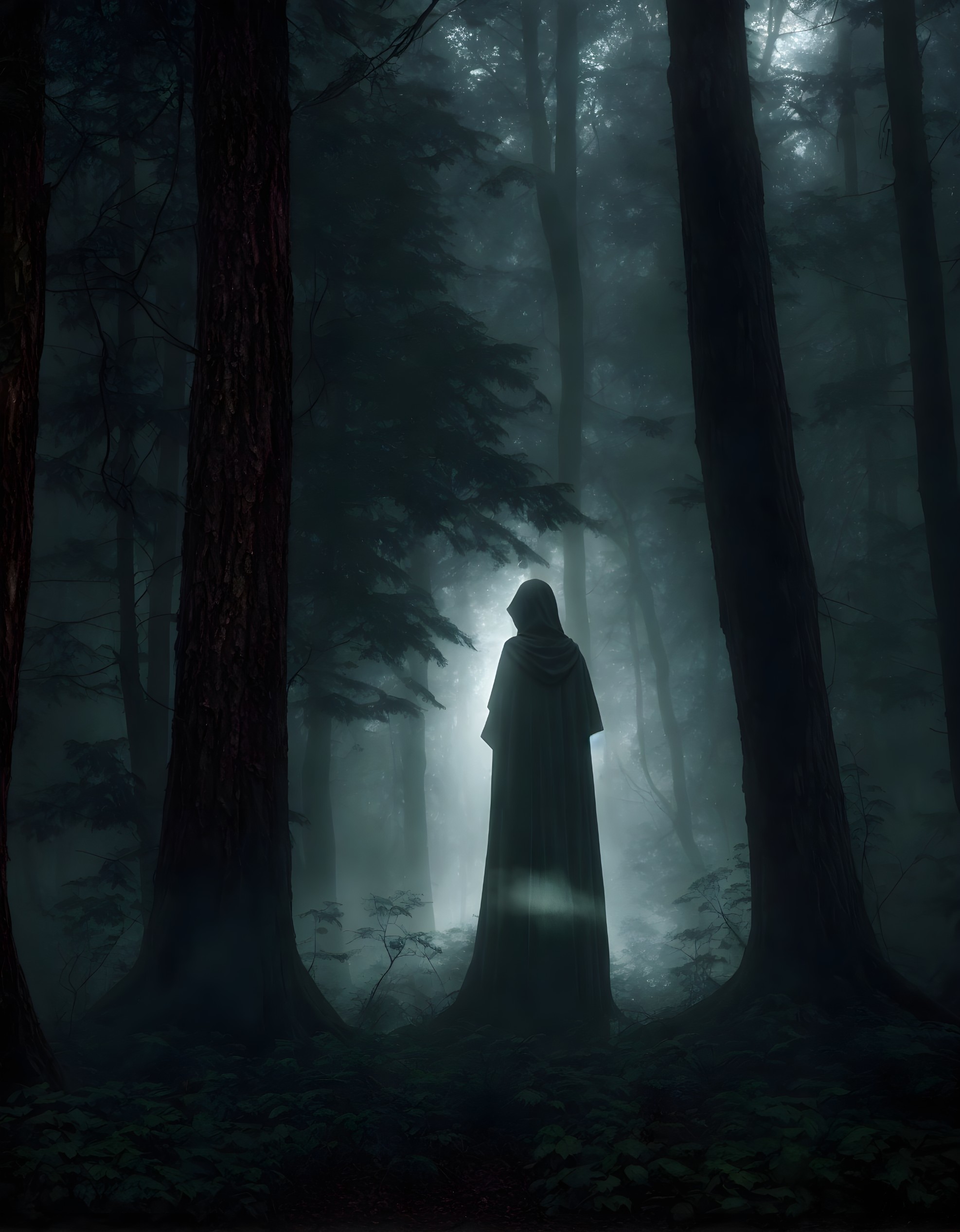 Mysterious Cloaked Figure in Foggy Forest Setting