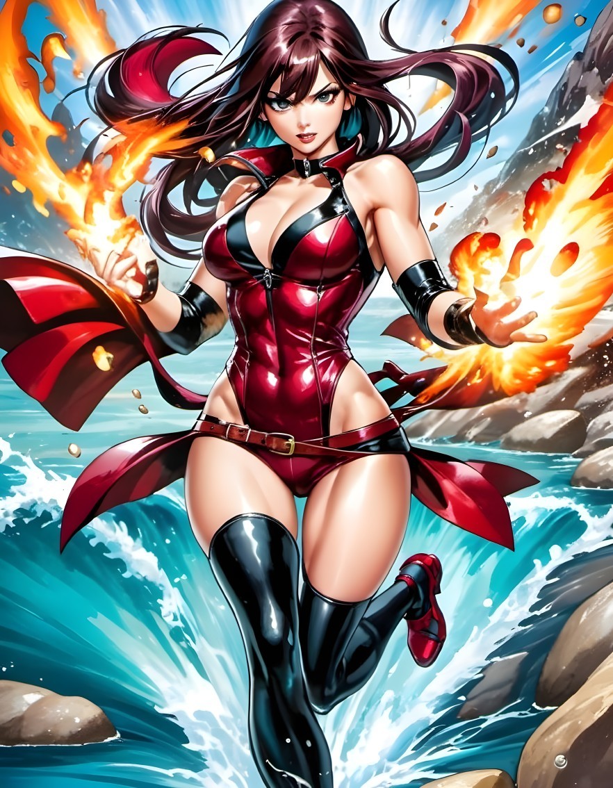 Dynamic Female Superhero with Flames and Rocky Shoreline
