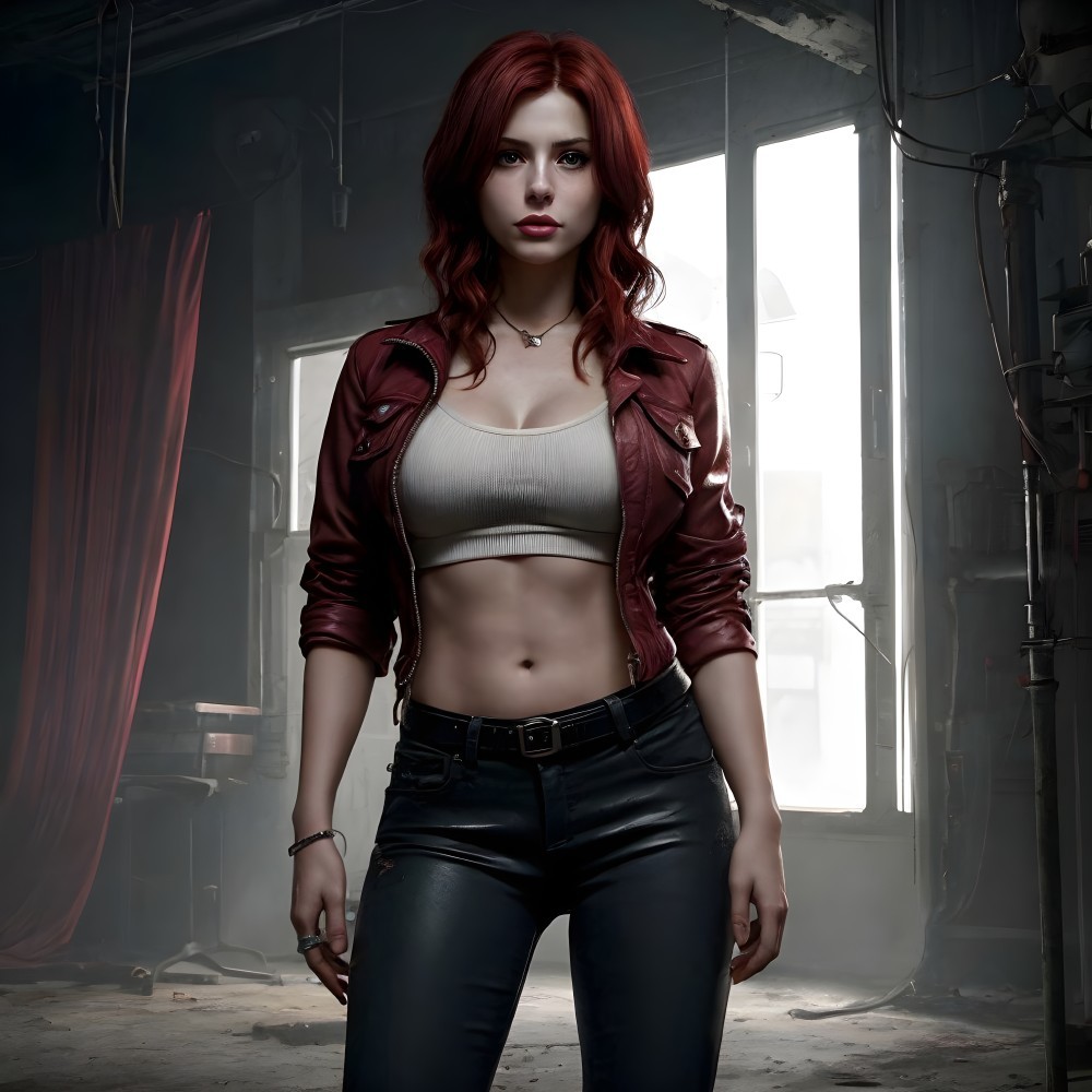 Red-haired woman in maroon leather jacket in industrial setting