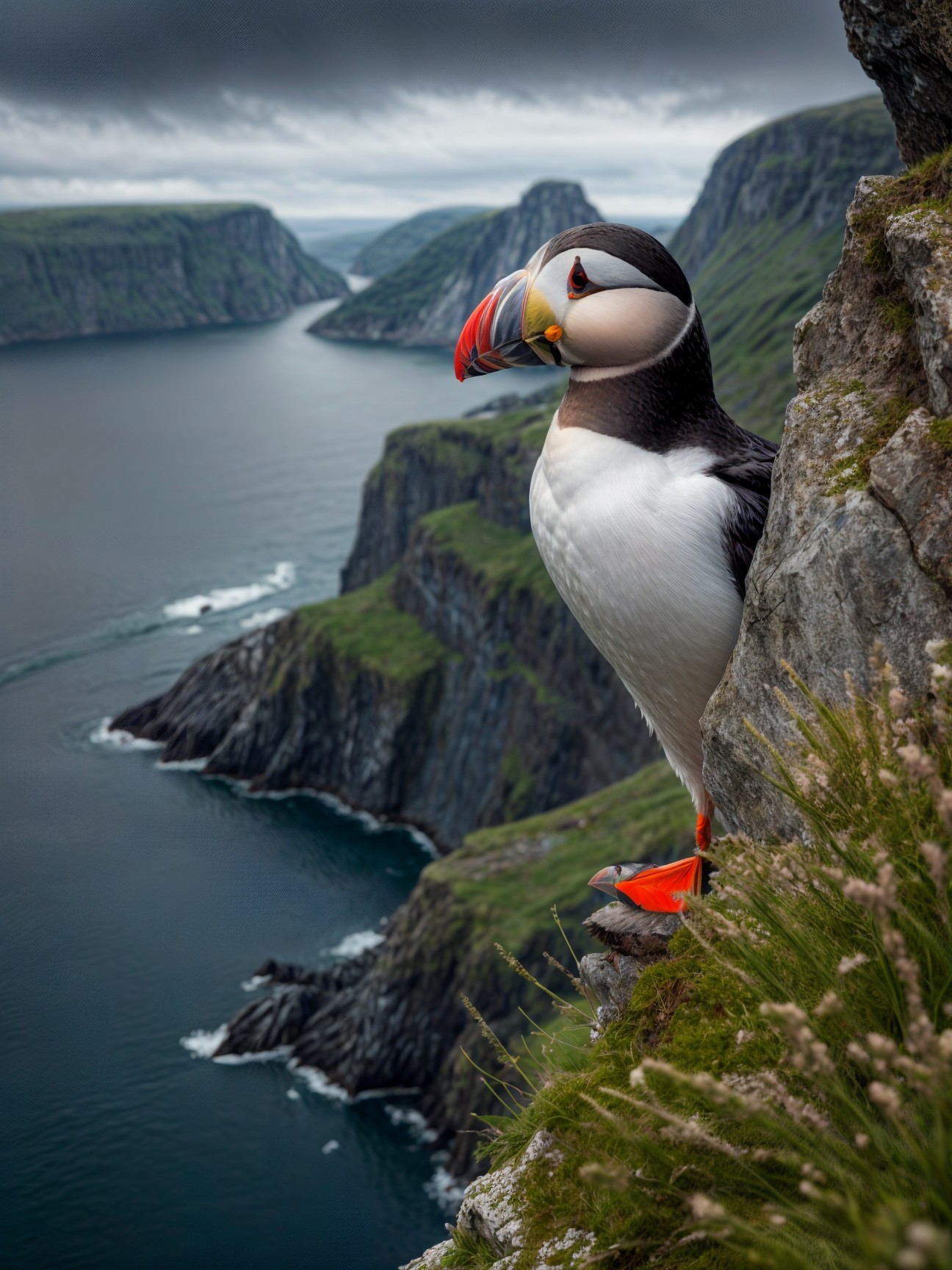 Puffin on Rocky Ledge Overlooking Coastal Landscape