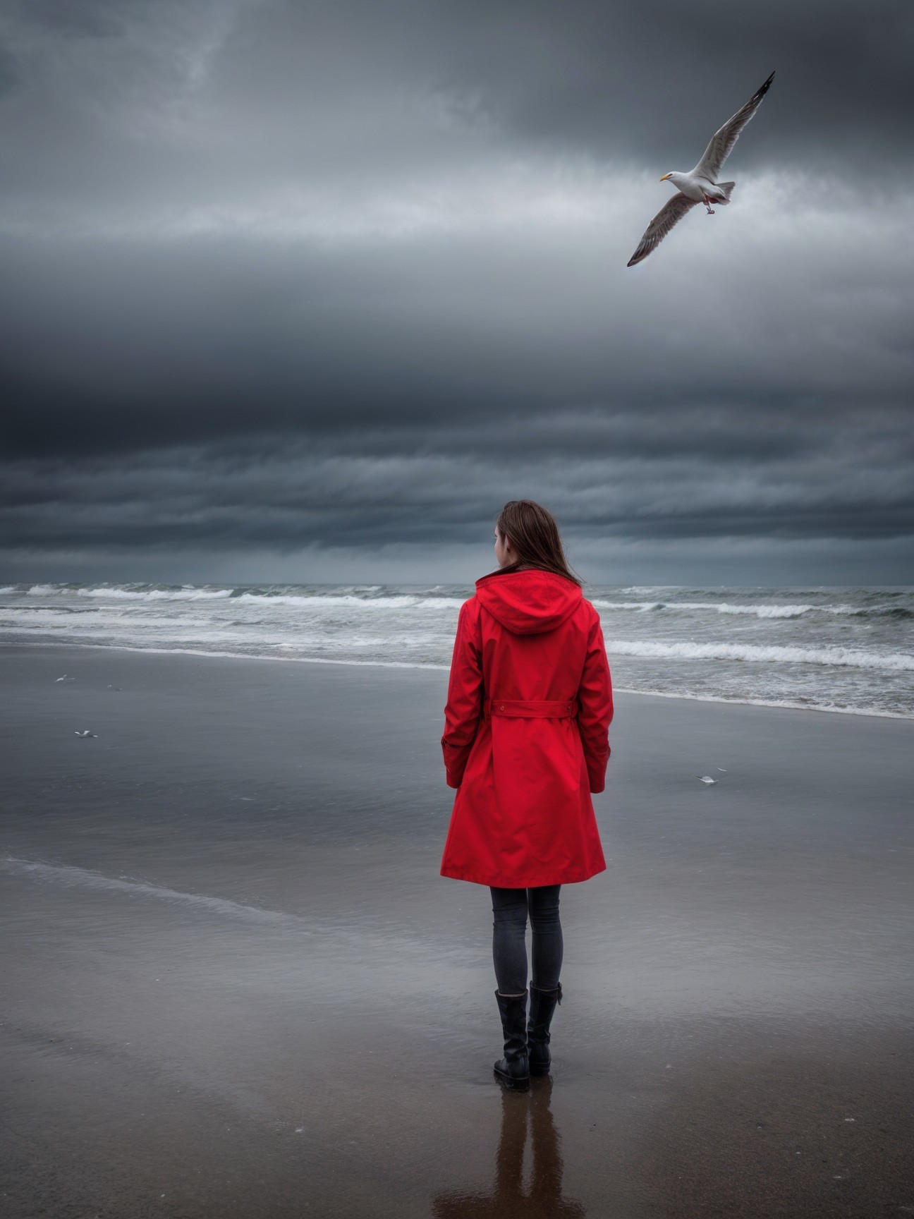 Woman in red raincoat on a desolate beach scene