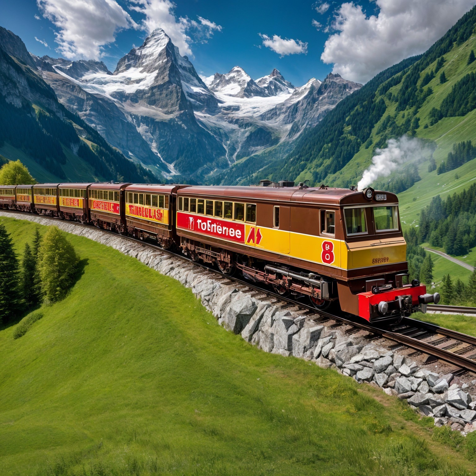 Vintage Locomotive on Scenic Route Through Mountains