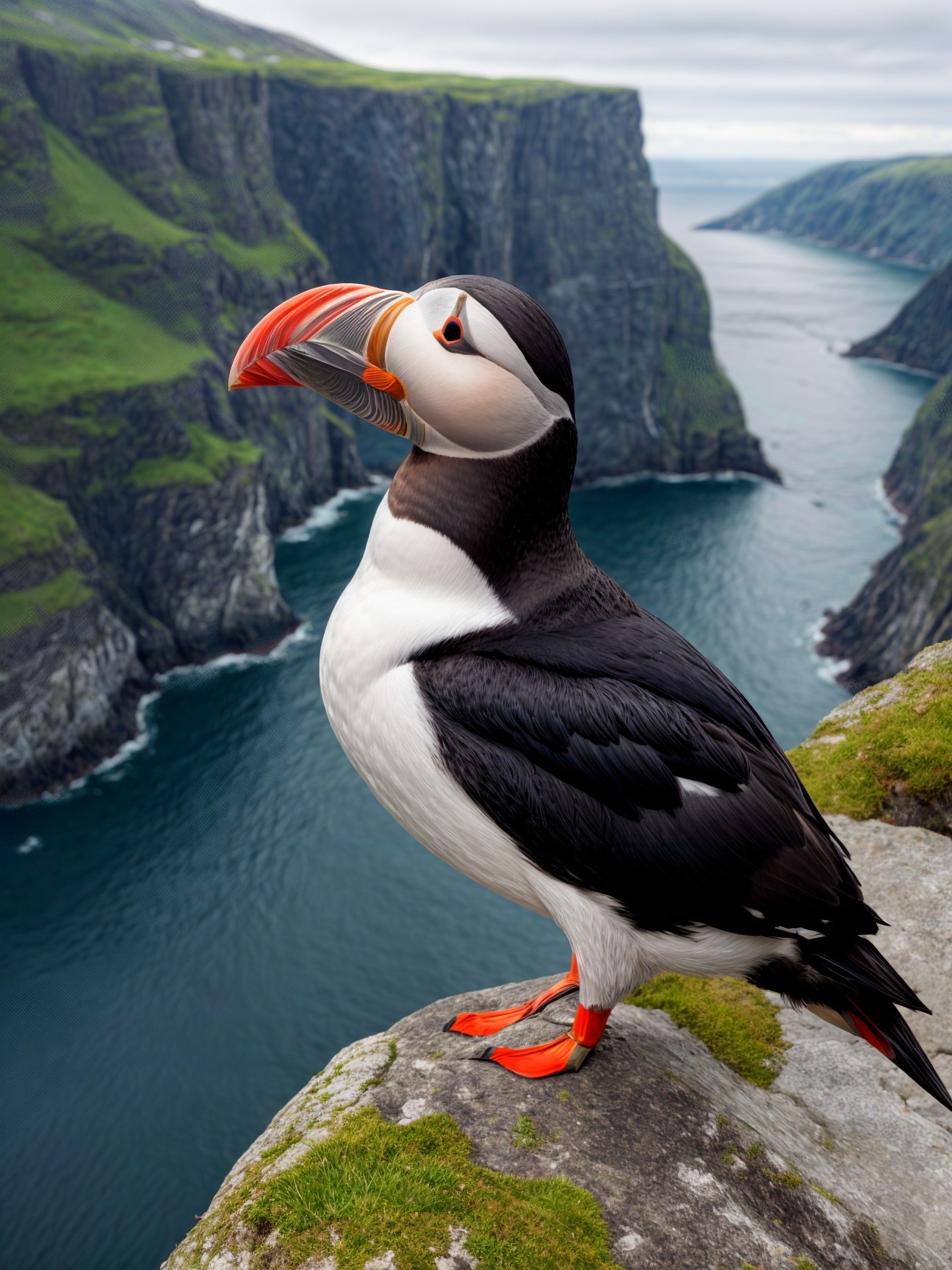 Puffin on Rocky Ledge Overlooking Coastal Landscape