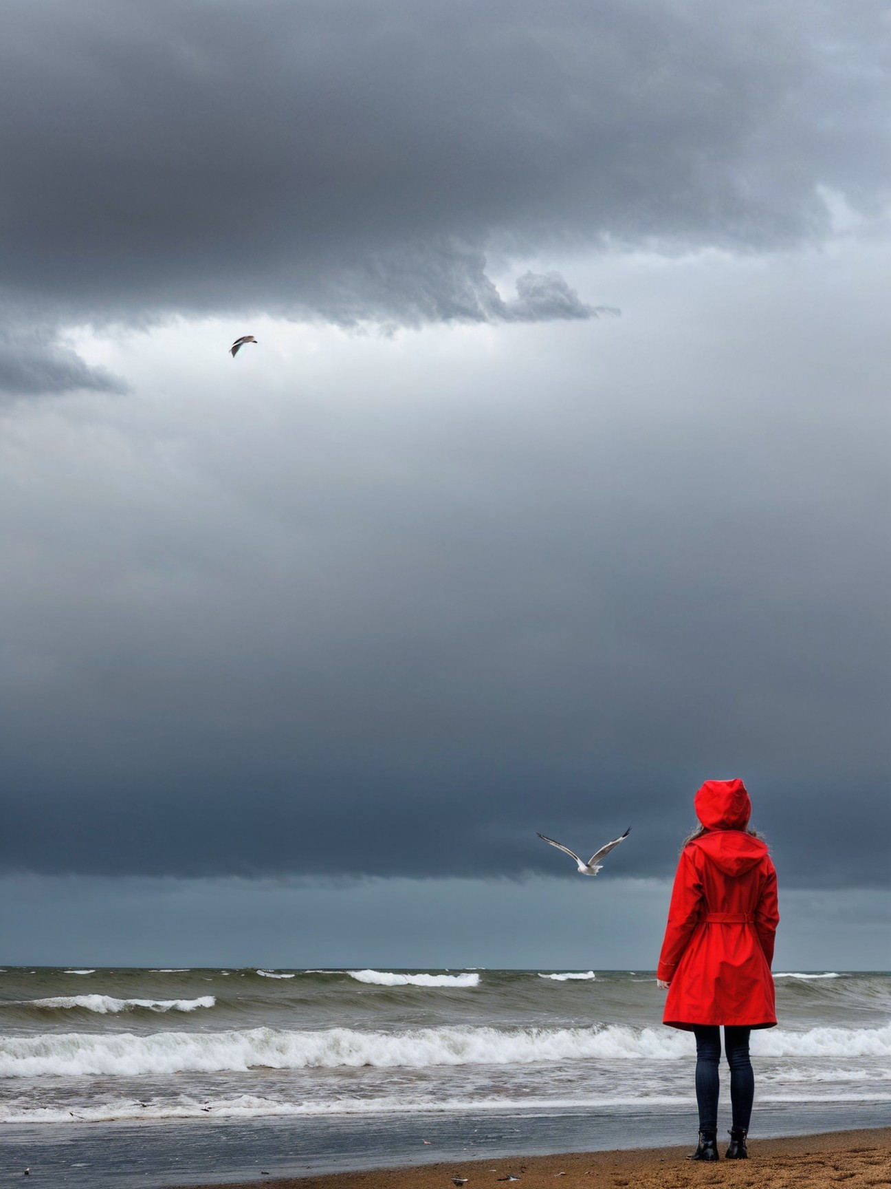 Person in Red Raincoat on Sandy Beach with Stormy Sea