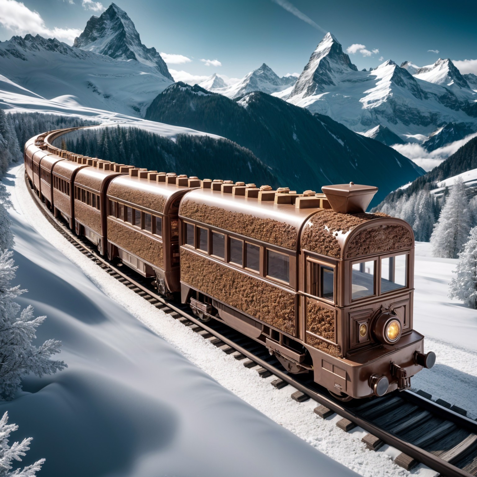 Whimsical Chocolate Train in Winter Landscape