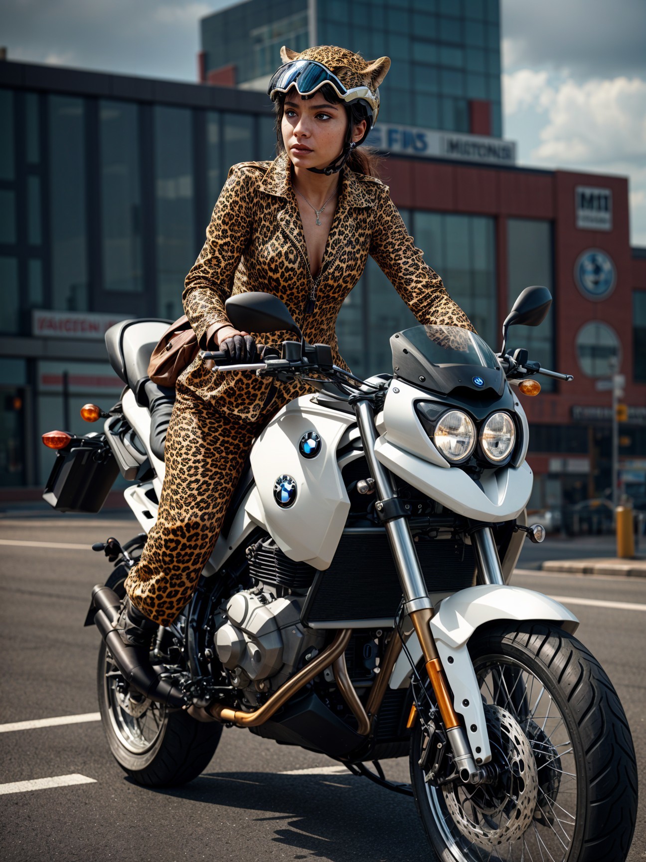 Confident Woman in Leopard Bodysuit on Motorcycle
