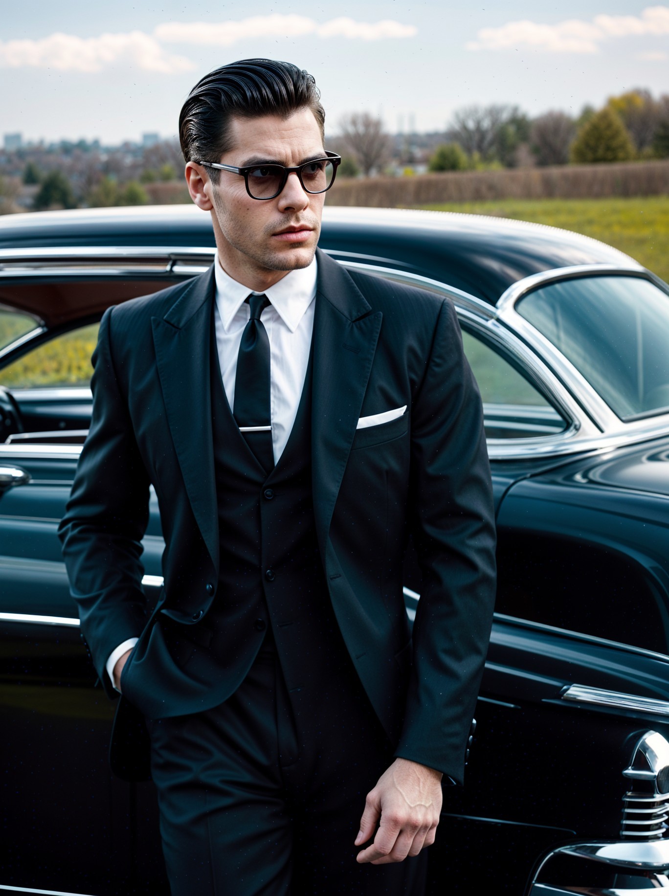 Stylish Man in Tuxedo Beside Classic Black Car