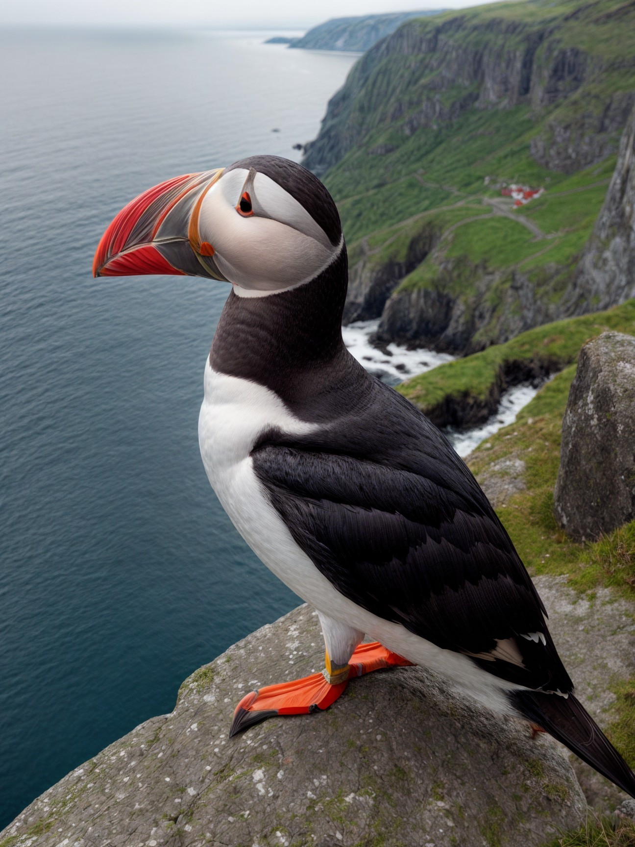 Colorful Puffin on Rocky Ledge with Coastal View