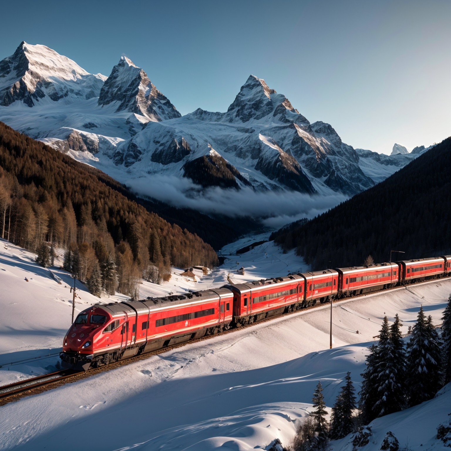 Red Train in Snowy Valley with Majestic Mountains