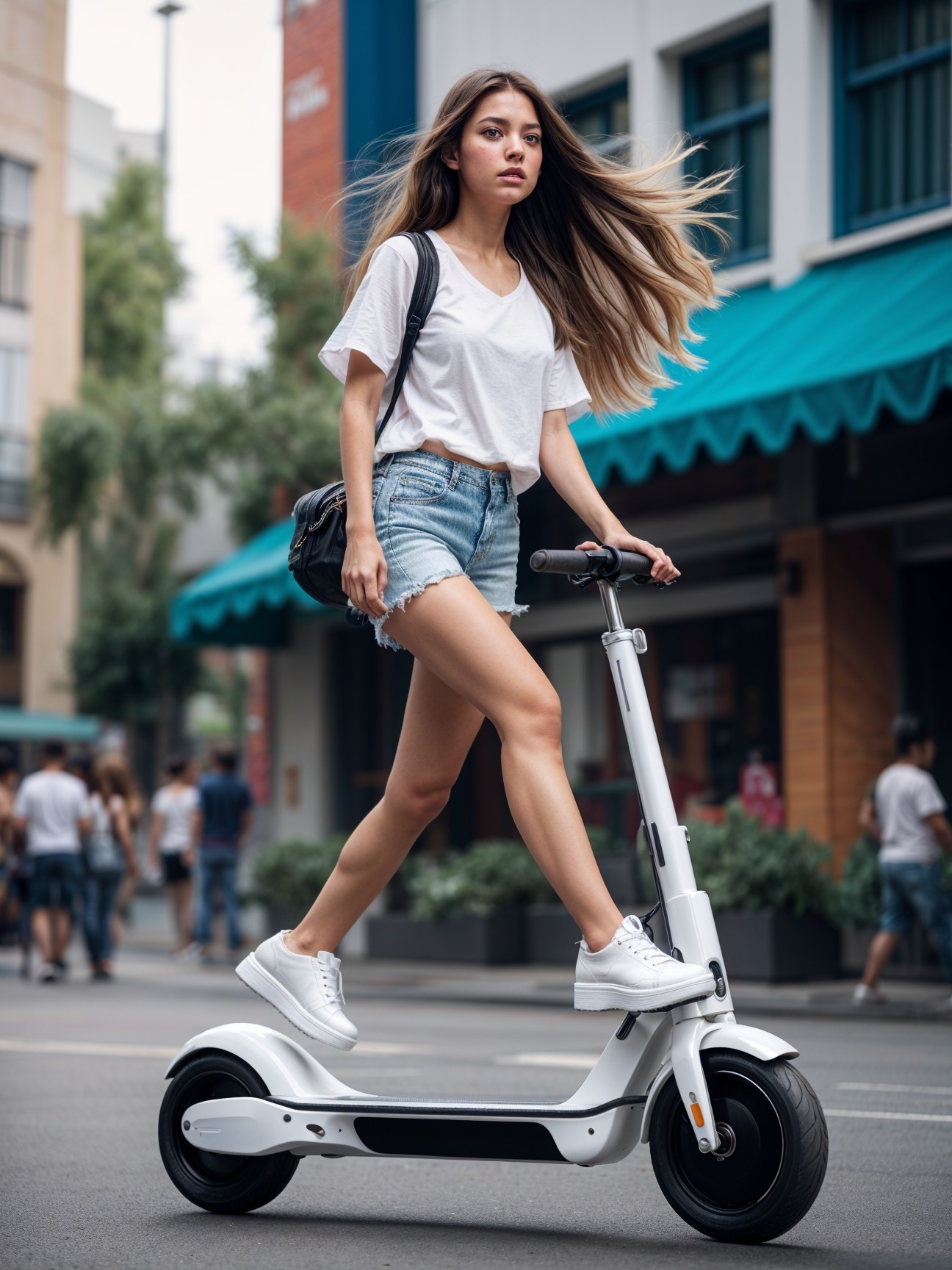 Young woman on electric scooter in urban setting