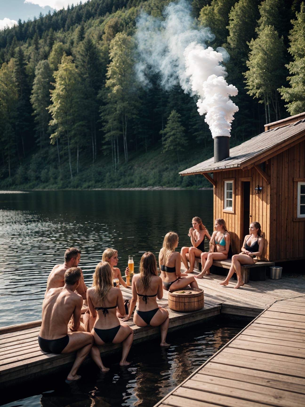 Relaxation by a Wooden Lakeside Cabin in Summer