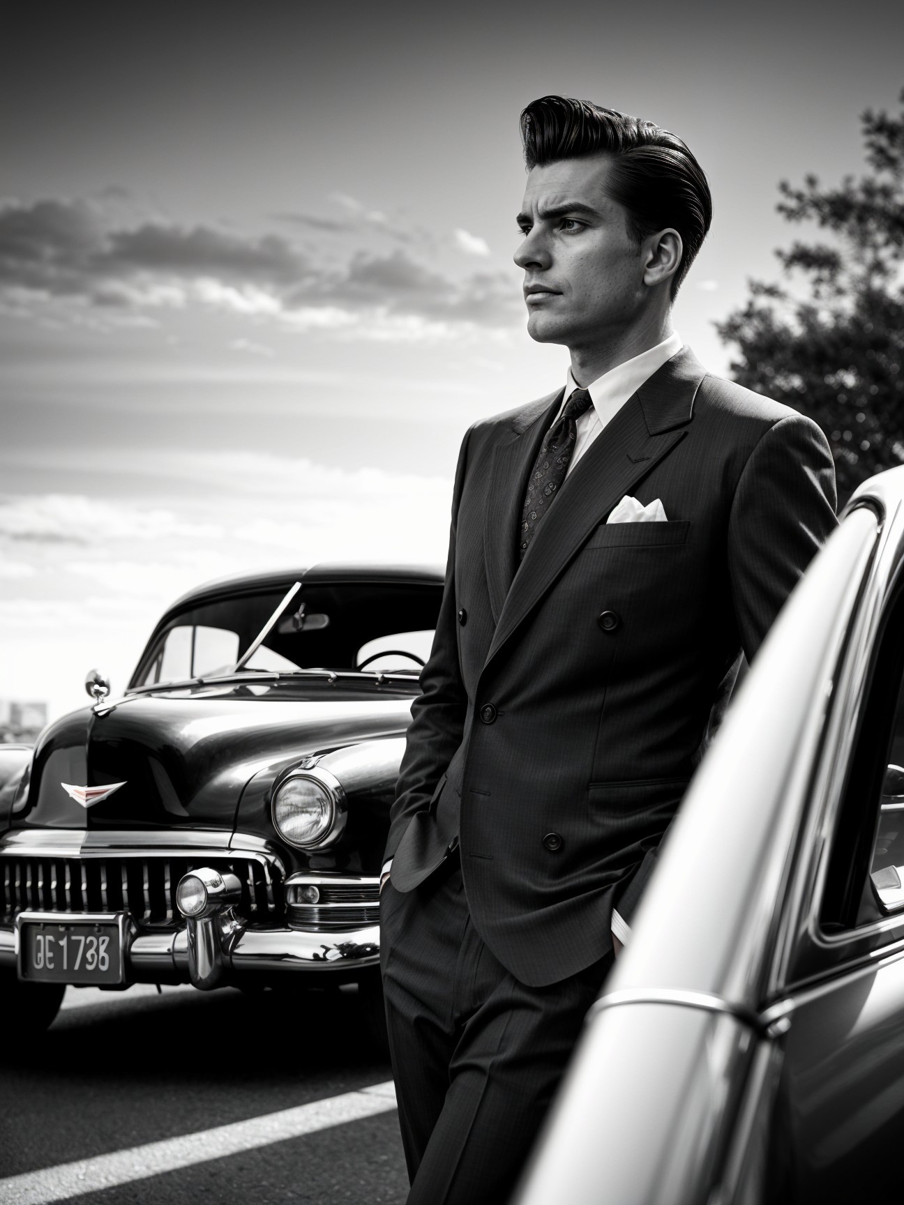 Confident Man in Double-Breasted Suit by Classic Car