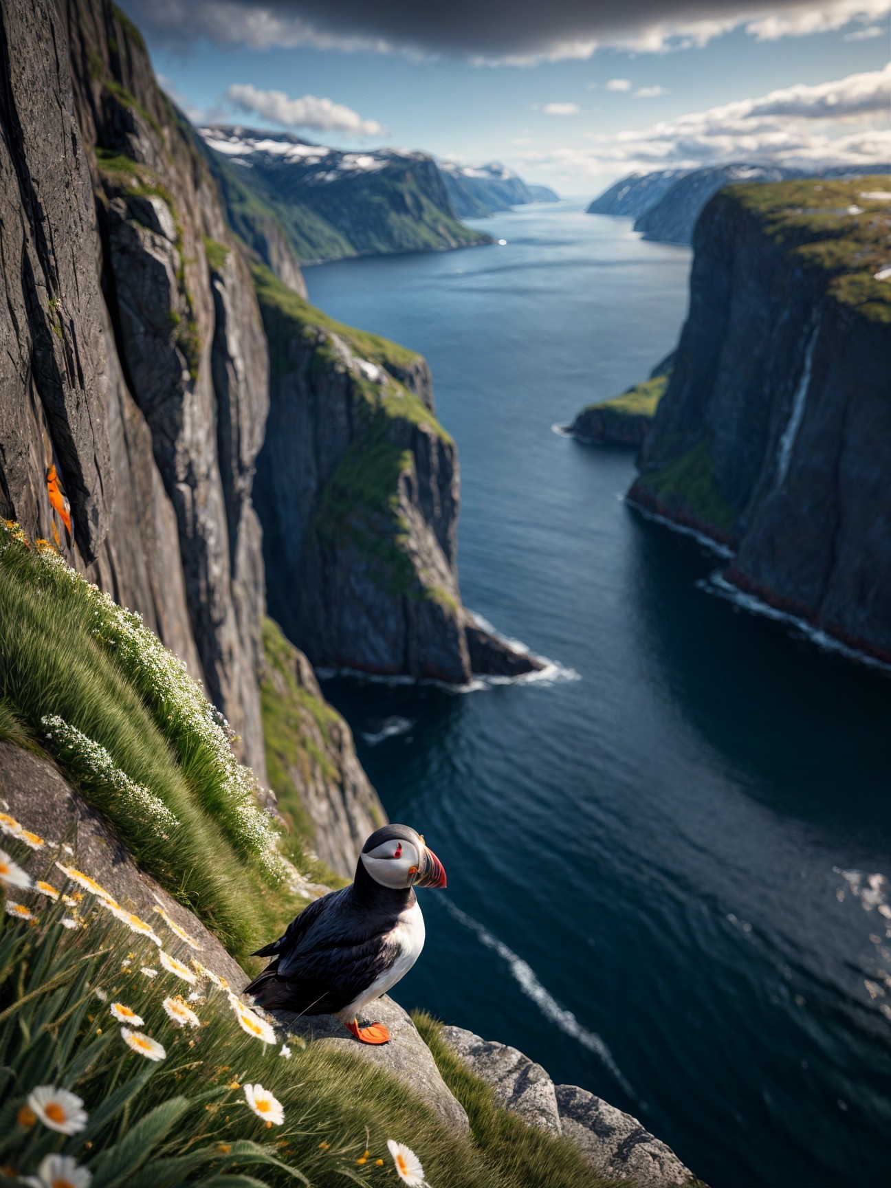 Puffin on Grassy Cliff Overlooking Fjord Landscape