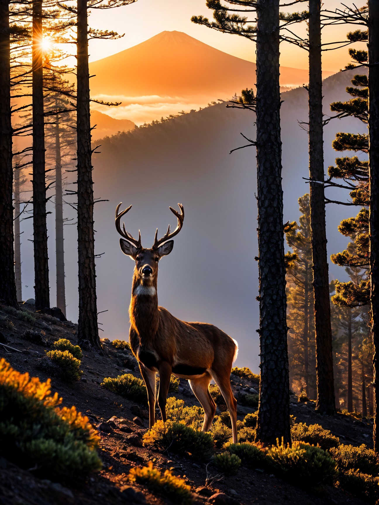 Majestic stag in serene sunrise landscape with mountains