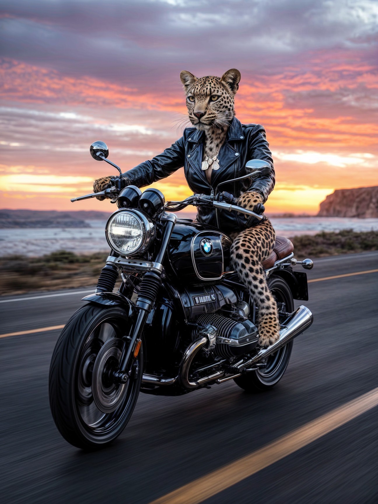 Leopard in Leather Jacket Riding BMW Motorcycle at Sunset