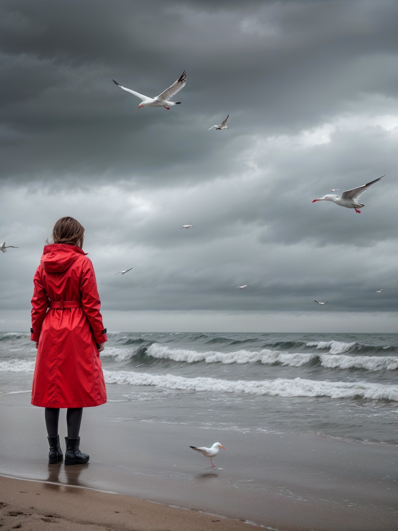 Person in Red Raincoat on Beach with Gray Waves