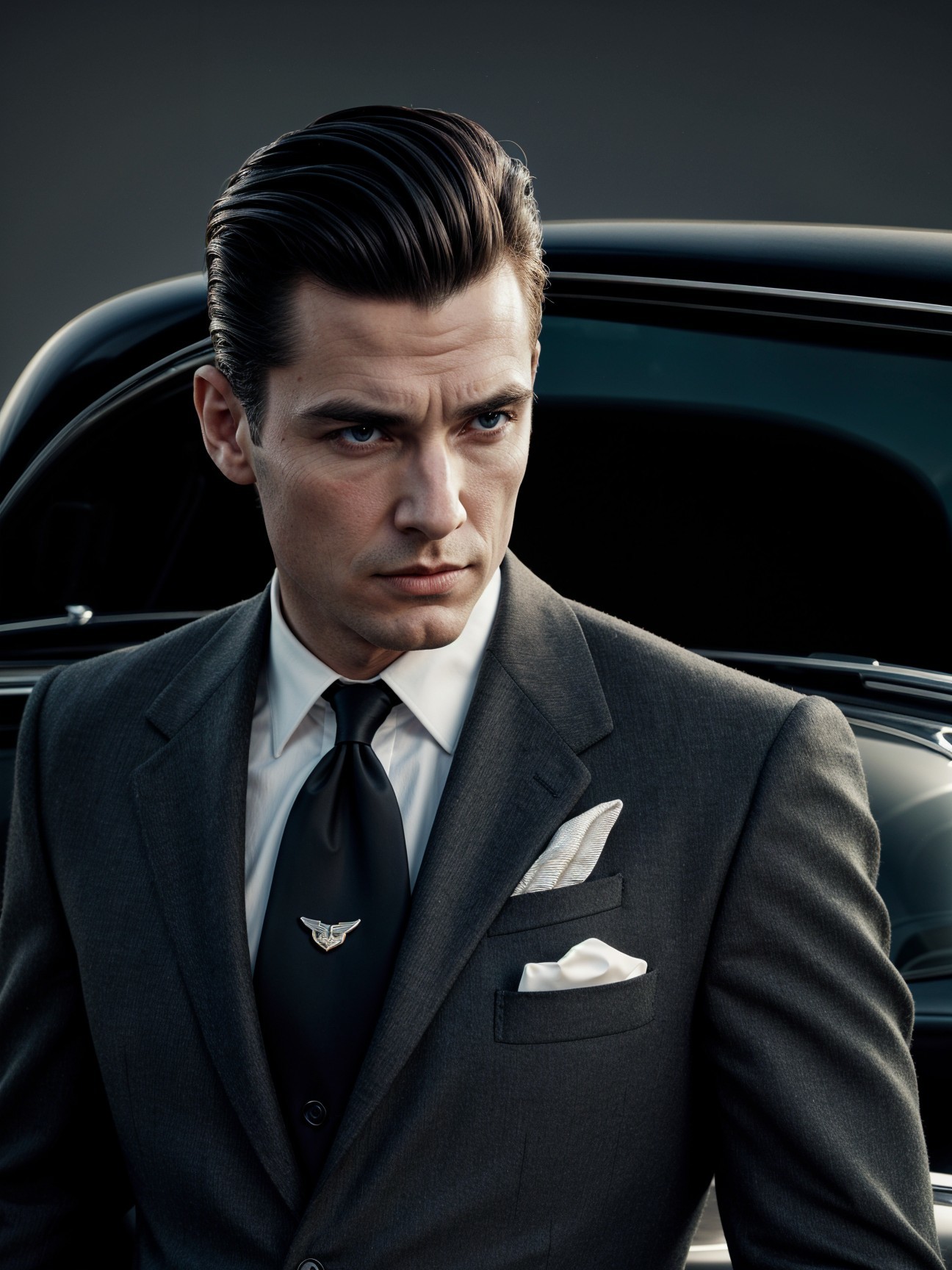 Sophisticated Man in Tailored Suit Beside Classic Car
