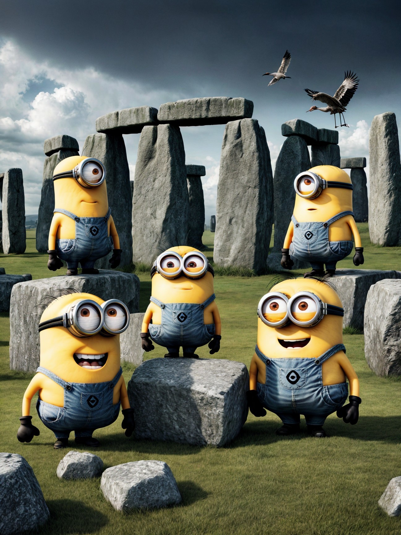 Cheerful Minions at Stonehenge with Dramatic Clouds