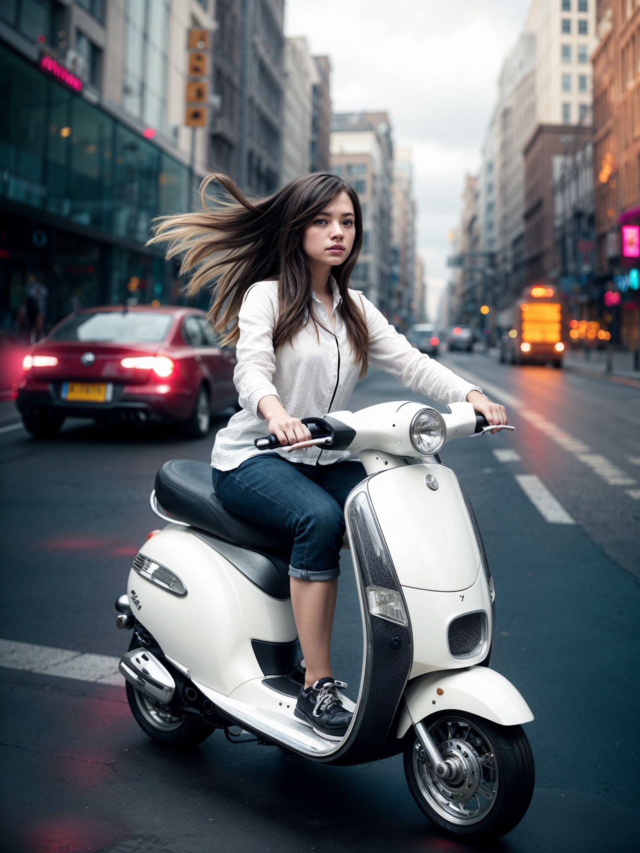 Young woman riding white scooter in busy city street