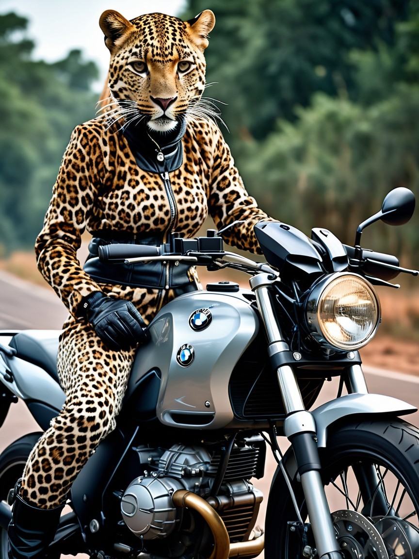 Leopard-Print Jumpsuit Rider on BMW Motorcycle