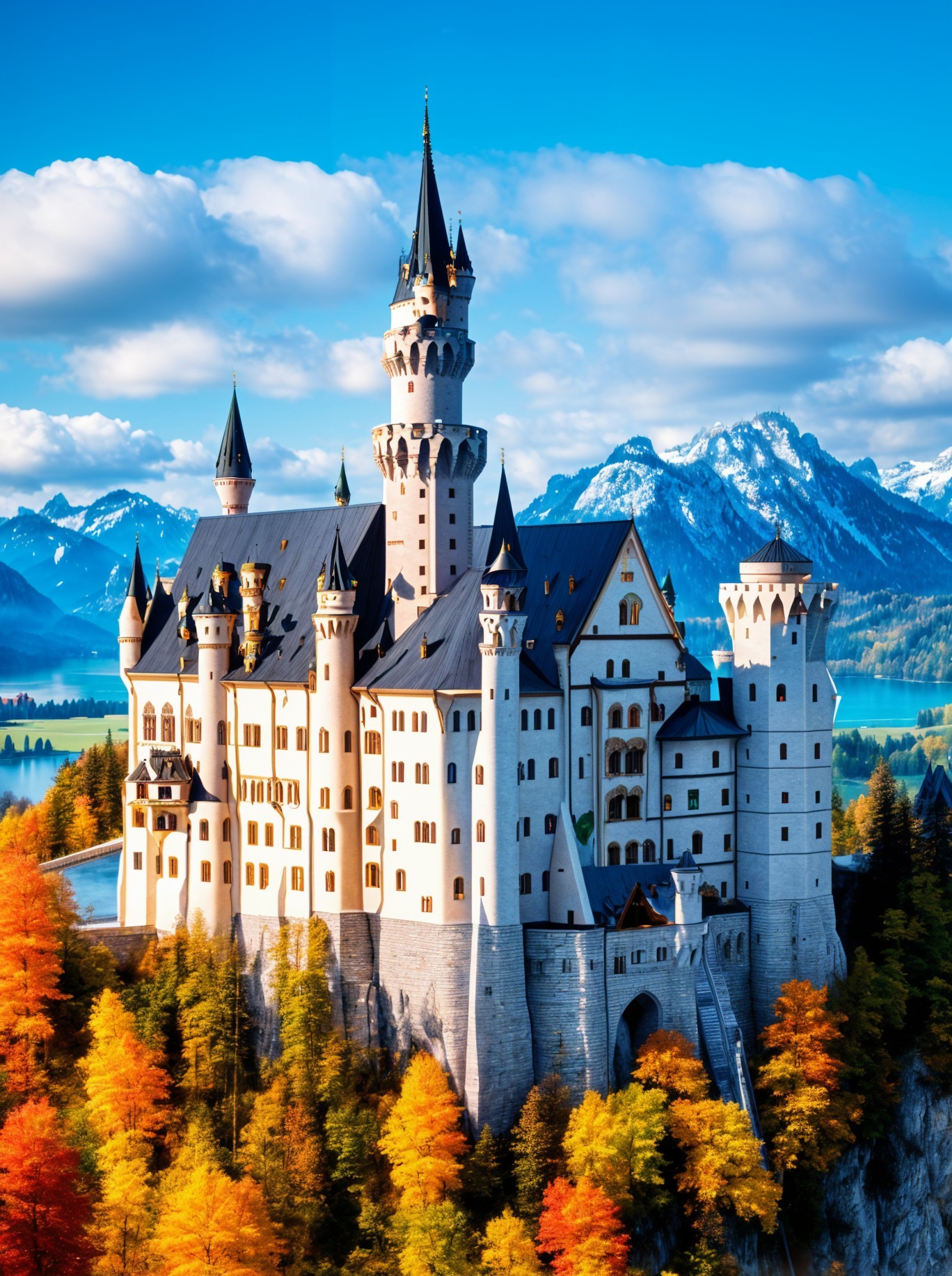 Majestic Castle Surrounded by Autumn Foliage and Mountains
