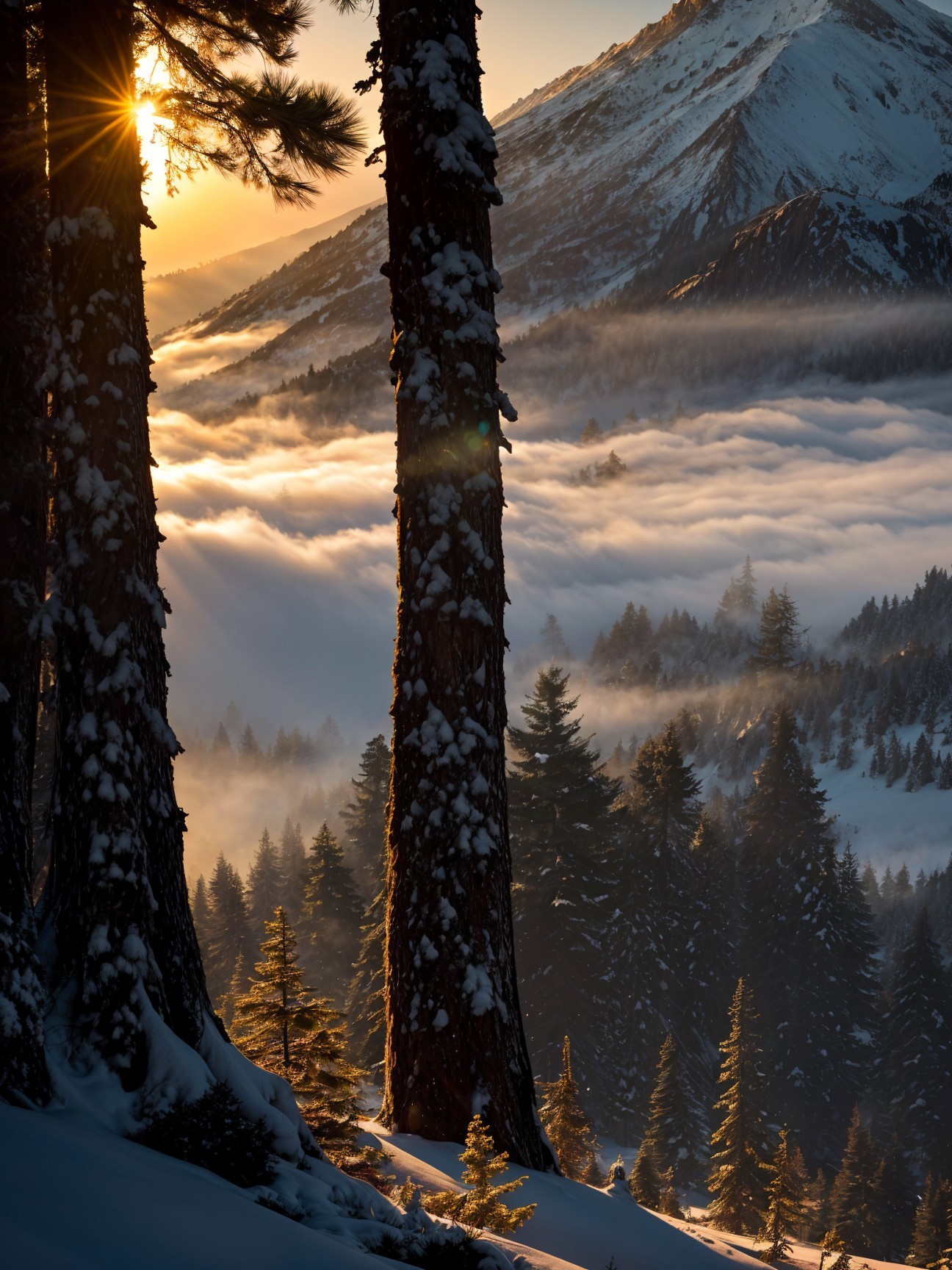 Winter Landscape with Snow-Covered Trees and Mist