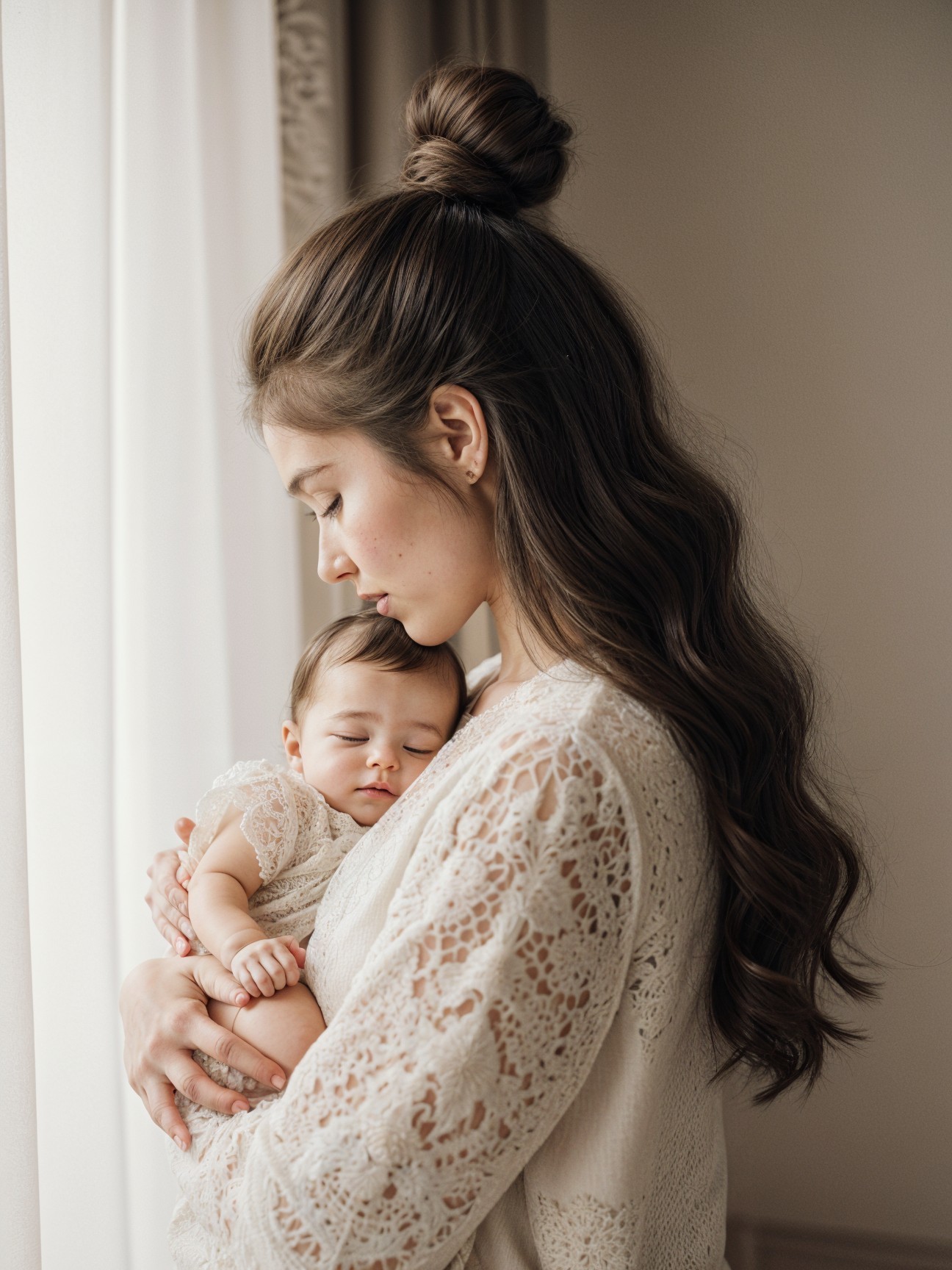 Mother Cradling Sleeping Baby in Serene Setting
