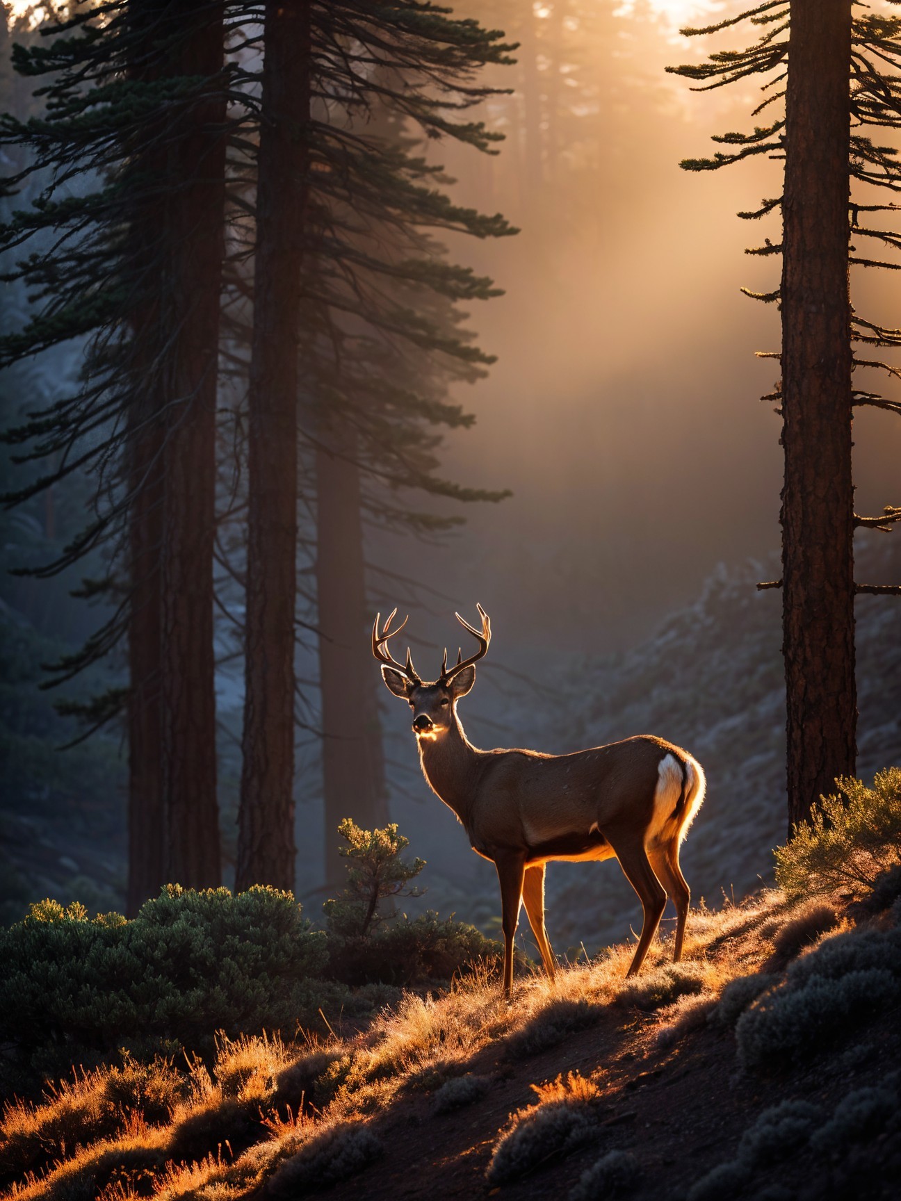 Majestic deer in sunlit forest with golden light