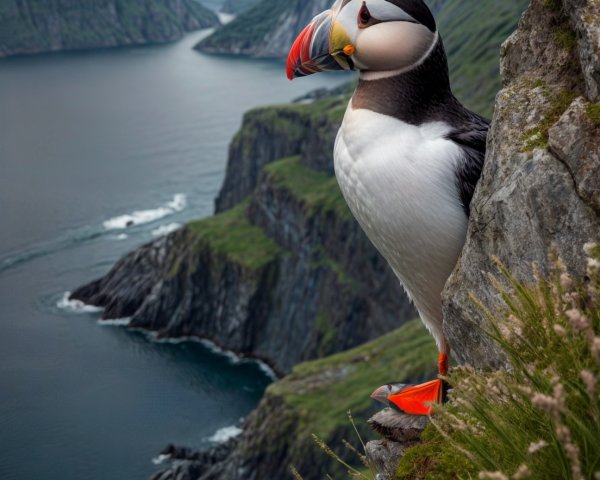 Puffin on Rocky Ledge Overlooking Coastal Landscape