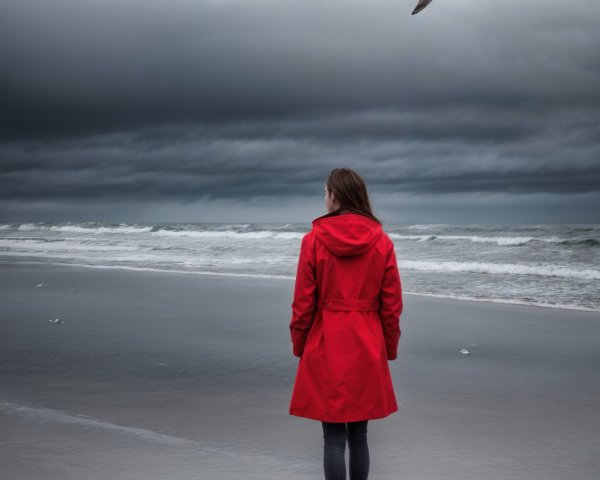 Woman in red raincoat on a desolate beach scene