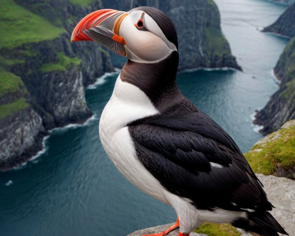 Puffin on Rocky Ledge Overlooking Coastal Landscape