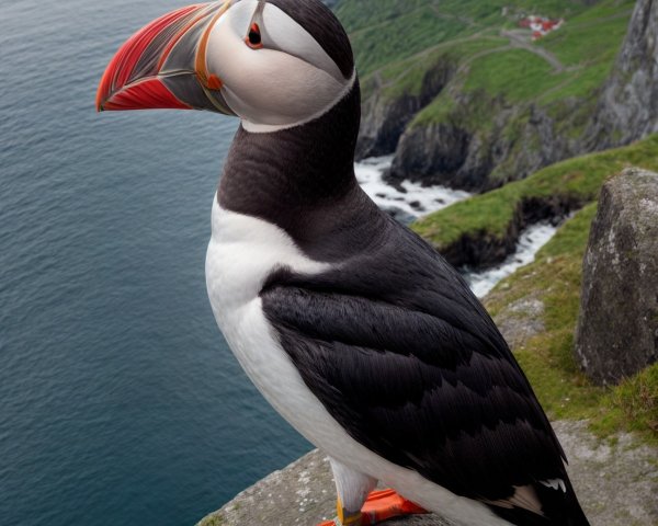 Colorful Puffin on Rocky Ledge with Coastal View