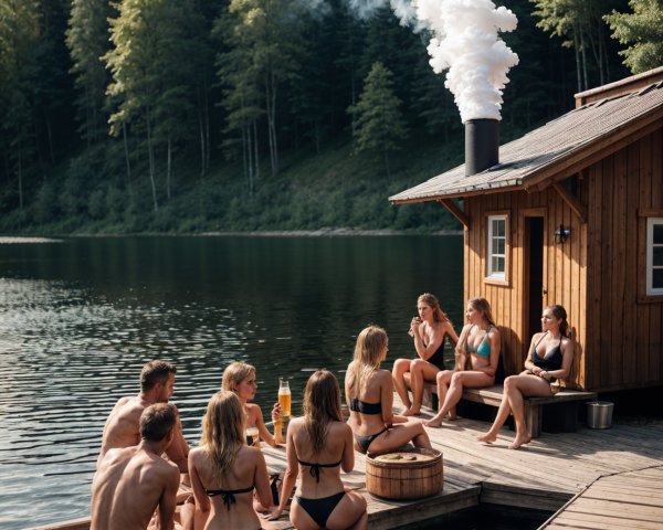 Relaxation by a Wooden Lakeside Cabin in Summer