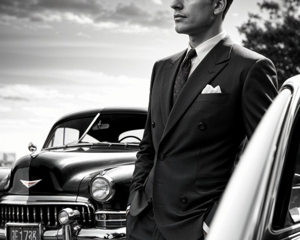 Confident Man in Double-Breasted Suit by Classic Car