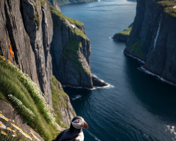 Puffin on Grassy Cliff Overlooking Fjord Landscape