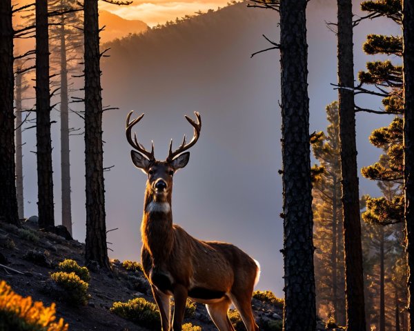 Majestic stag in serene sunrise landscape with mountains
